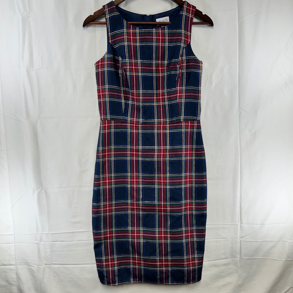The Children's Place Sheath Dress Womens 0 Tidal‎ Blue Plaid Metallic Holiday